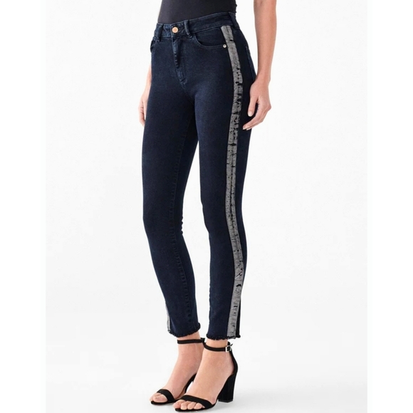 DL1961 Farrow High Rise Instasculpt Skinny Jeans Black / Silver Stripe, Size 27 - Picture 1 of 16